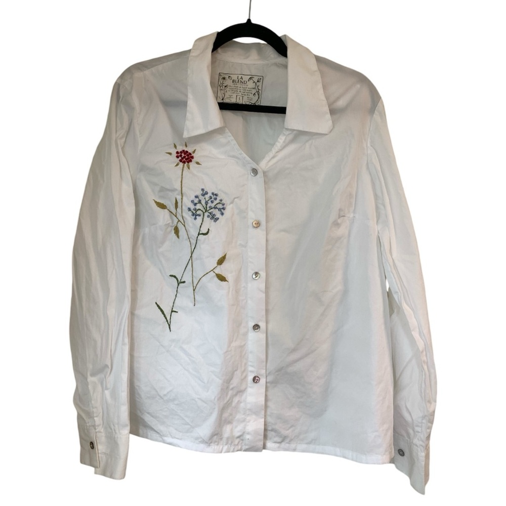 La Blend Women’s Top Sz L‎ Embroidered Embellished White Button Down Cotton Art